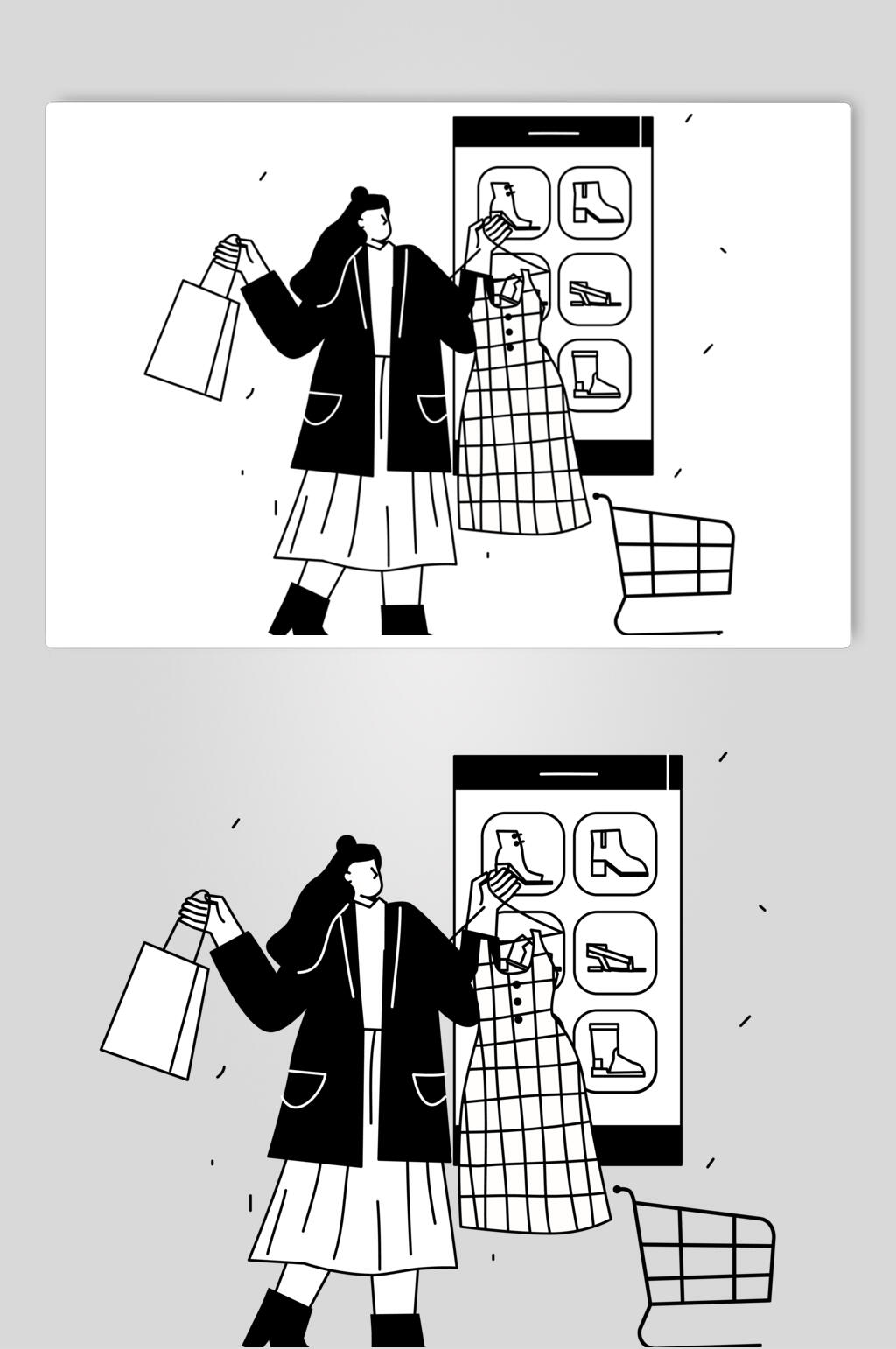 购物黑白人物日常生活矢量素材素材