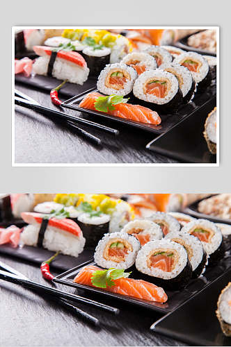 生鱼片黄瓜海苔寿司美食摄影图片