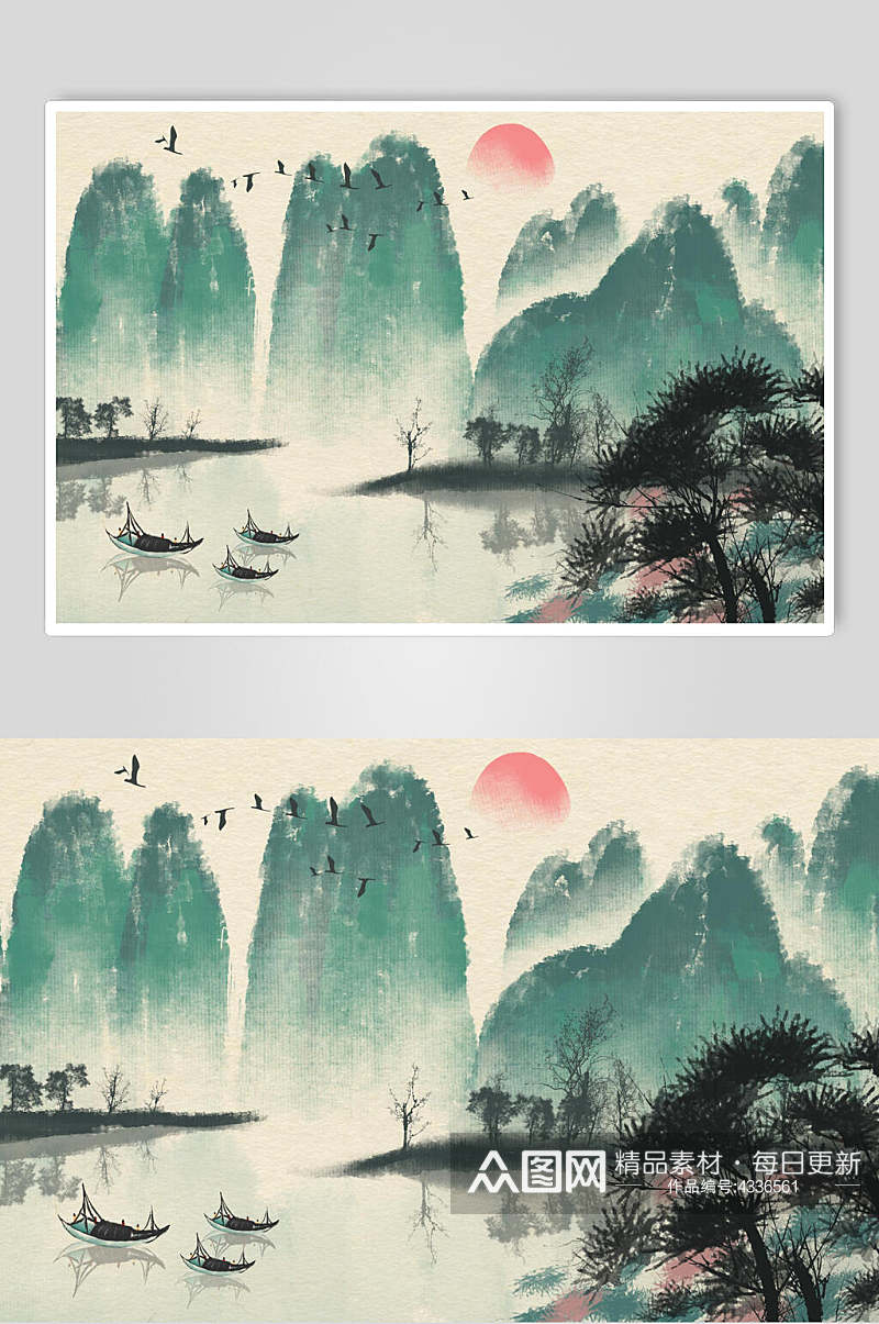 船中国风山水插画素材