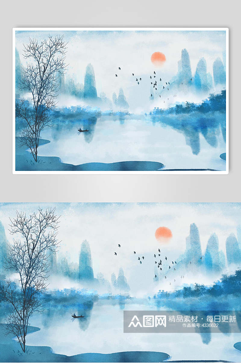 蓝色水景中国风山水插画素材