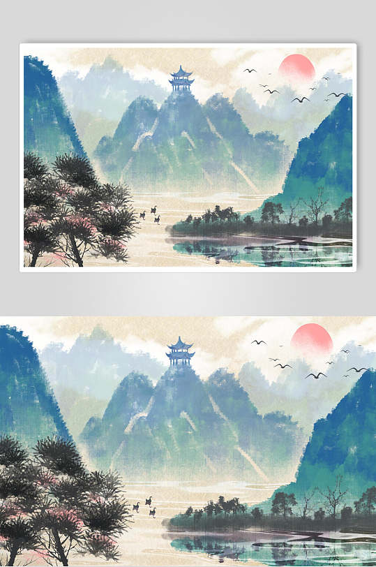 蓝色水墨中国风山水插画