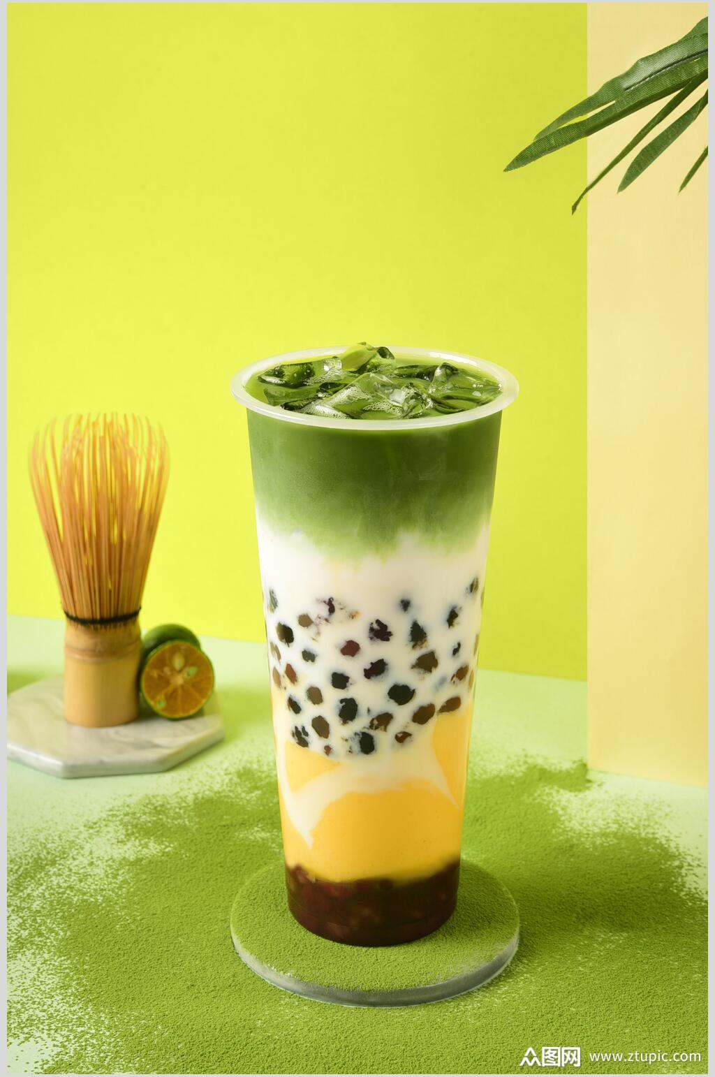 抹茶黑珍珠布丁黄色清新奶茶果汁图片素材