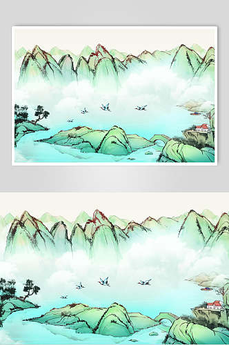 绿色手绘中国风山水插画