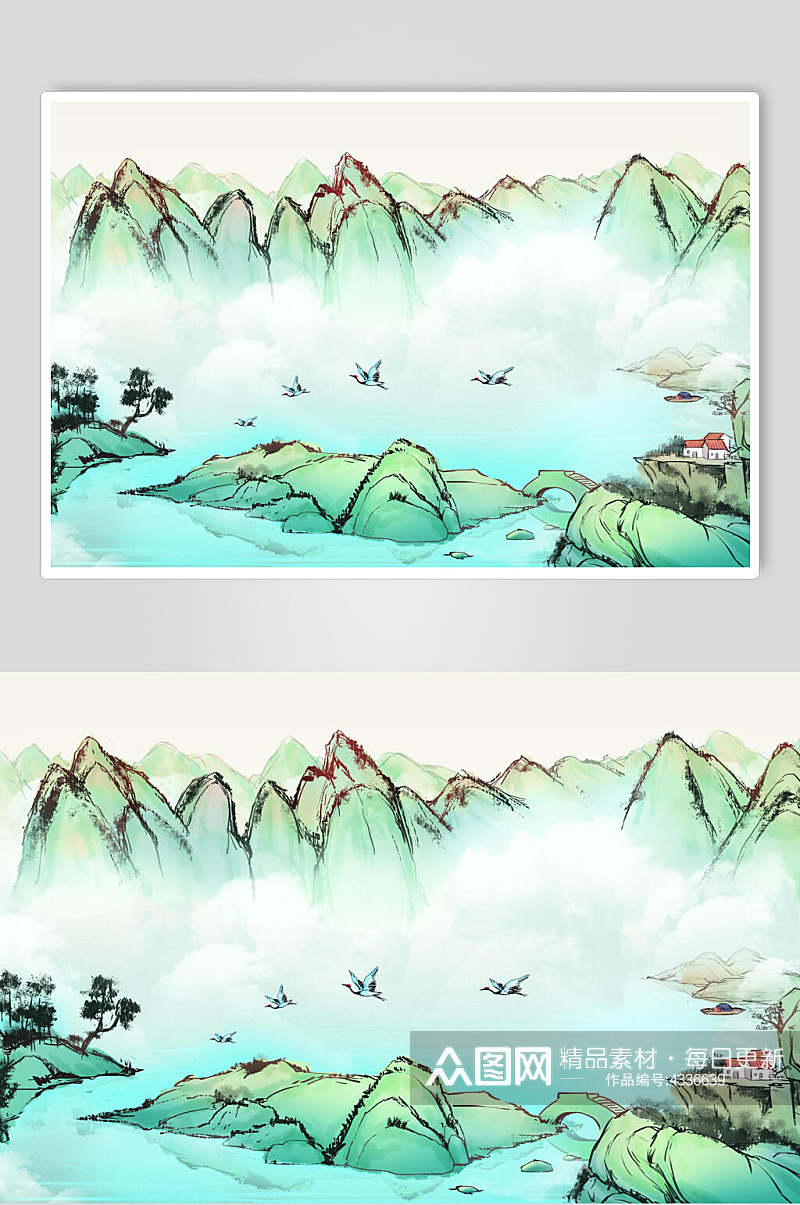 绿色手绘中国风山水插画素材