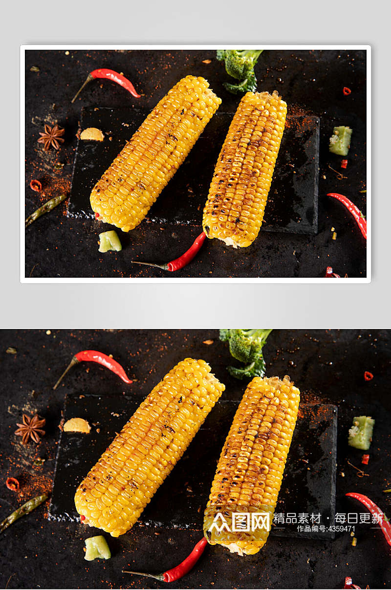 两根烤玉米烧烤图片素材