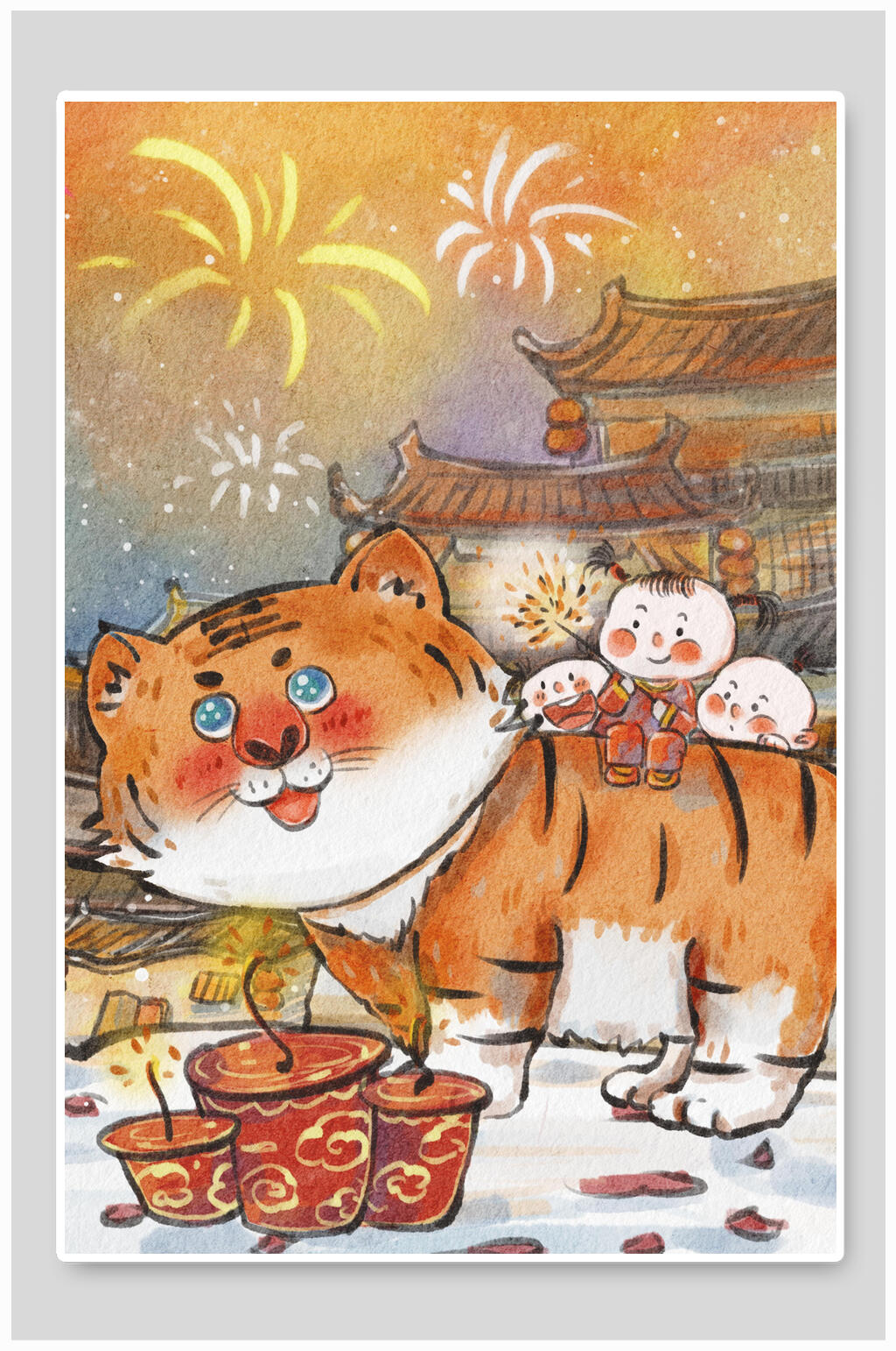 大气烟花手绘鞭炮虎年插画素材