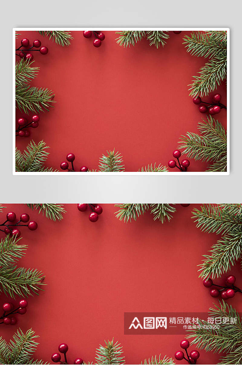红色背景树叶果实圣诞节图片素材