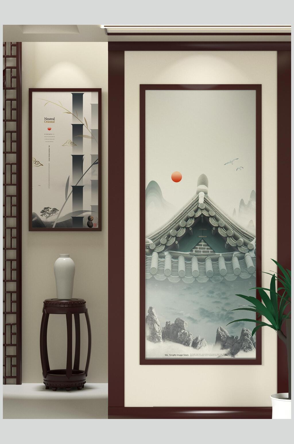 唯美大气中式装饰画背景墙样机素材