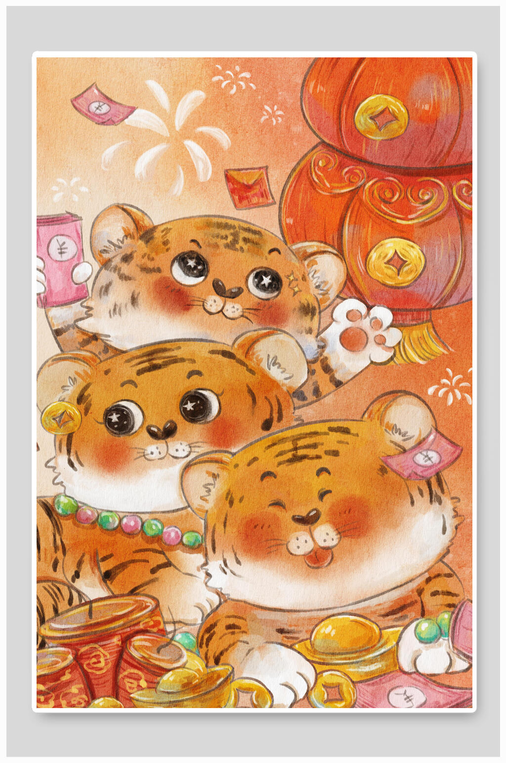 大气烟花金元宝虎年插画素材