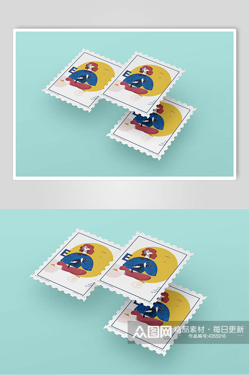 浅蓝色创意人物邮票样机素材