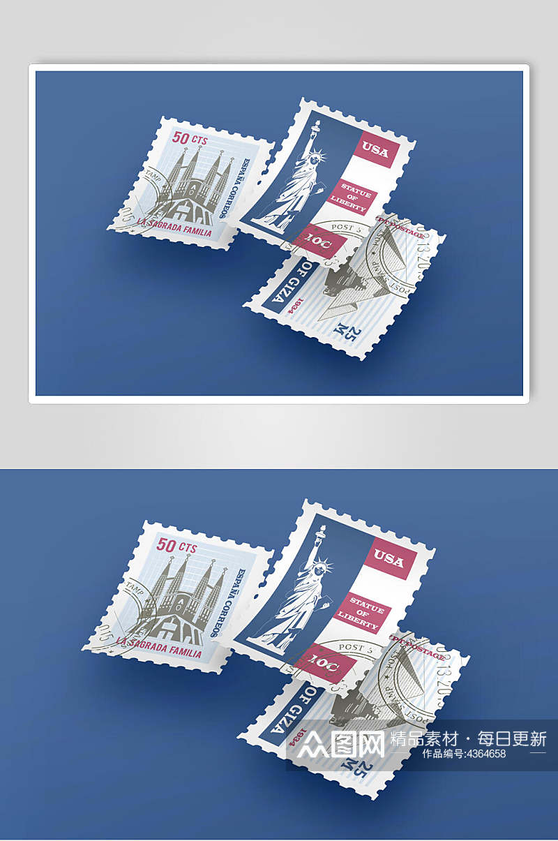 简约清新蓝红大气高端邮票设计样机素材