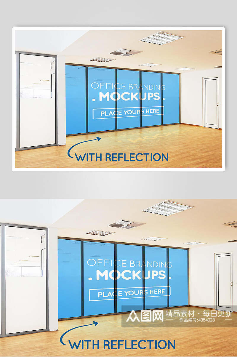 蓝色背景英文办公室隔墙贴图样机素材