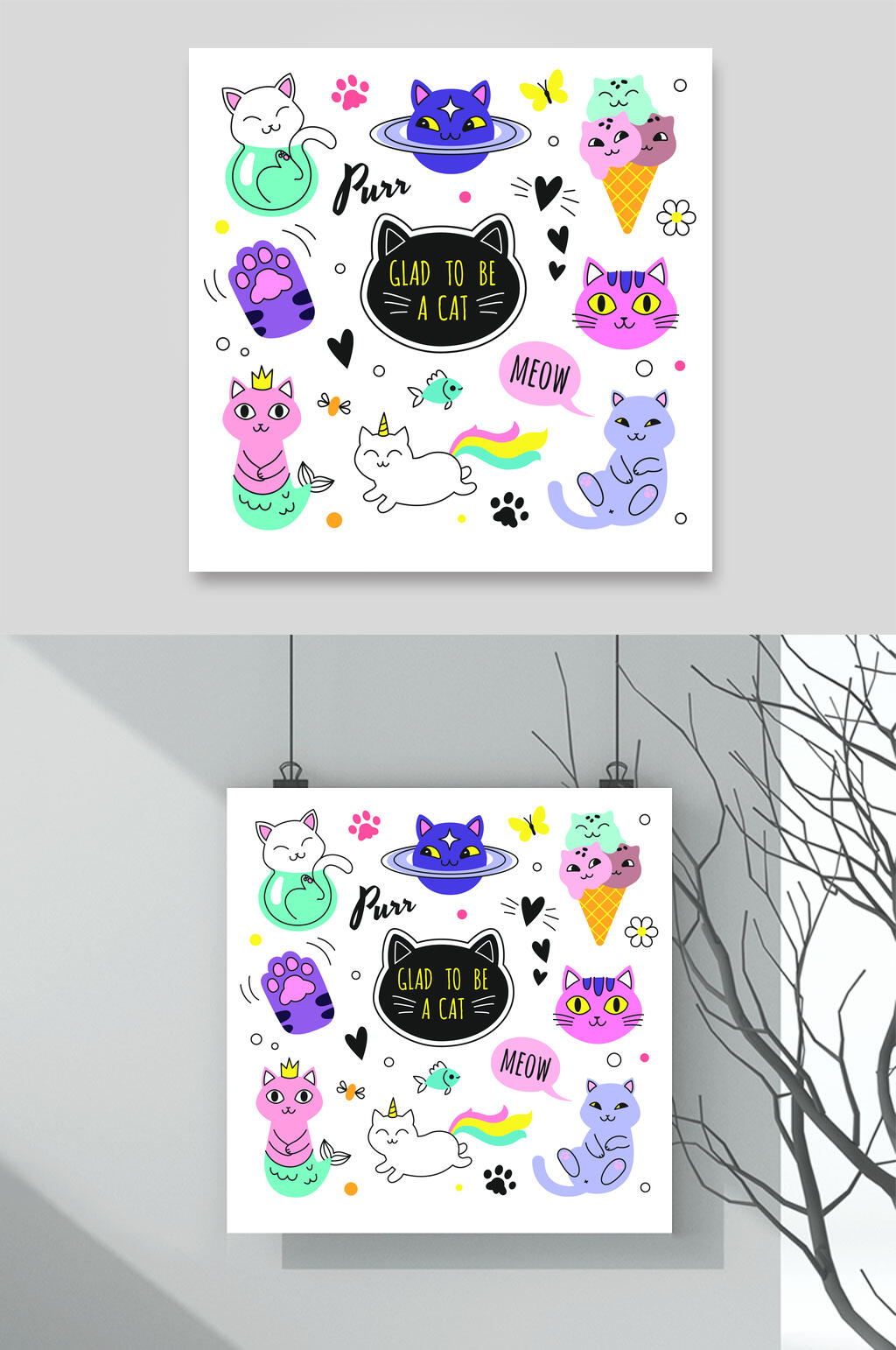 炫彩卡通小猫矢量设计素材素材