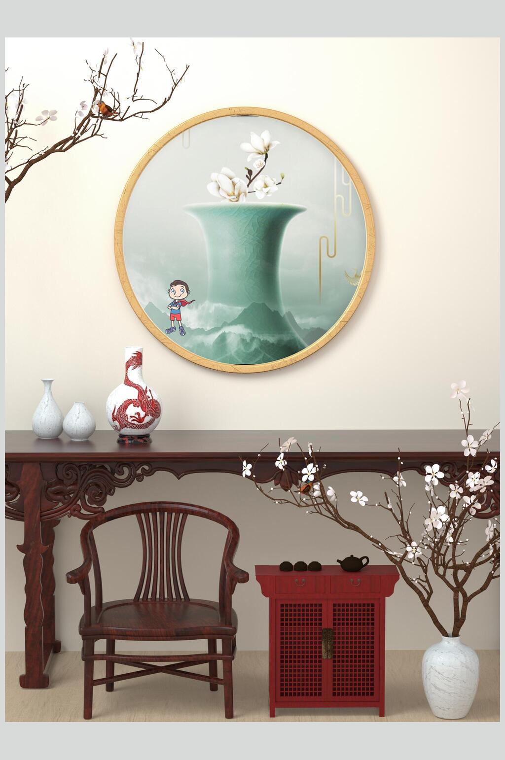 典雅腊梅凳子装饰画背景墙样机素材