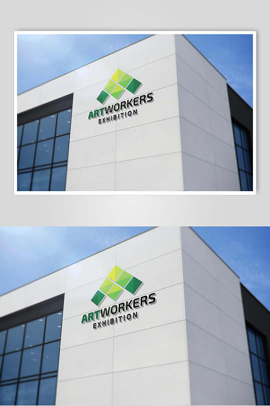 绿色几何建筑大厦墙面标志样机-众图网