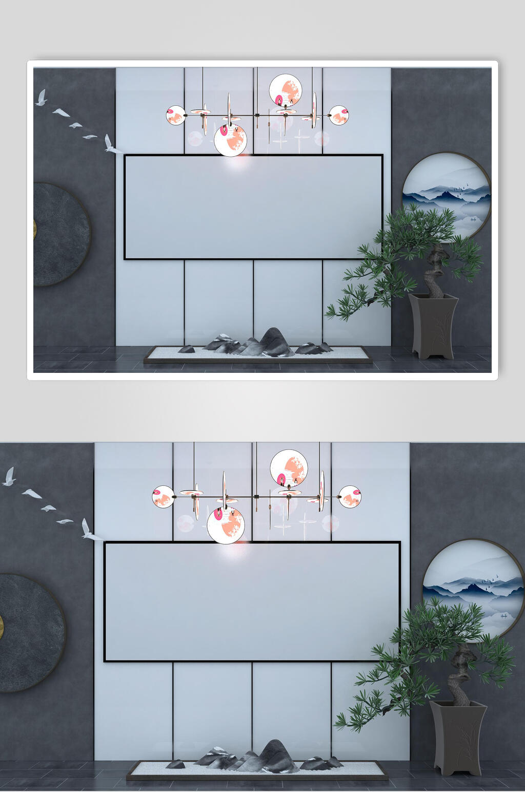 线条吊灯树木装饰画背景墙样机素材