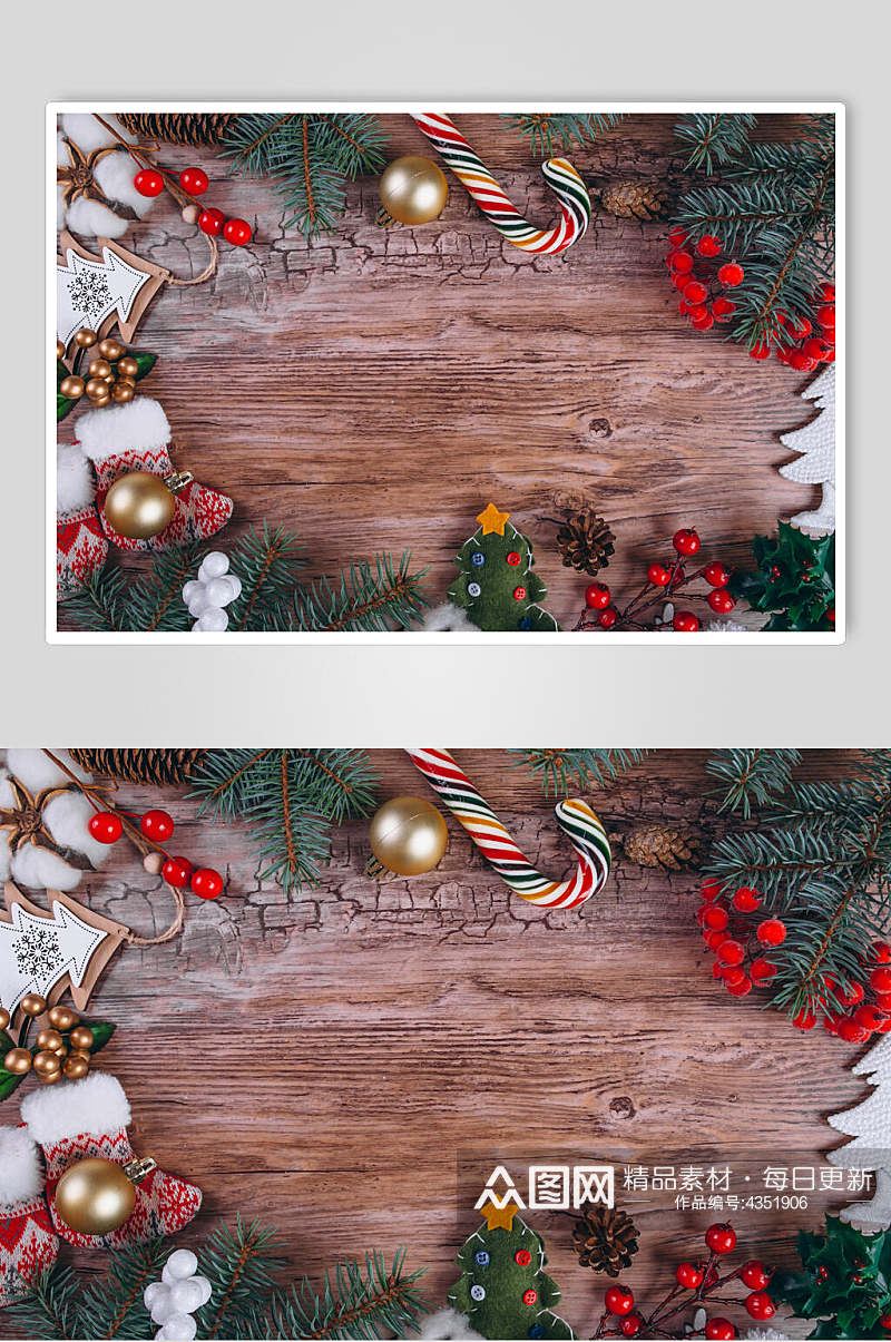 木质背景棒棒糖金色铃铛圣诞节图片素材