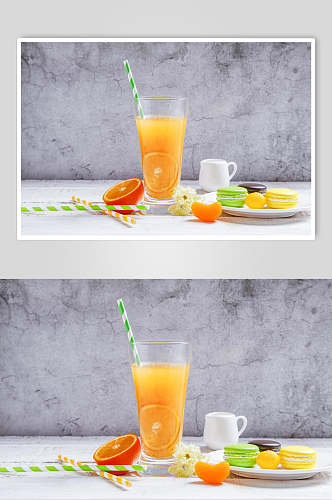 创意质感吸管橙子马卡龙奶茶图片