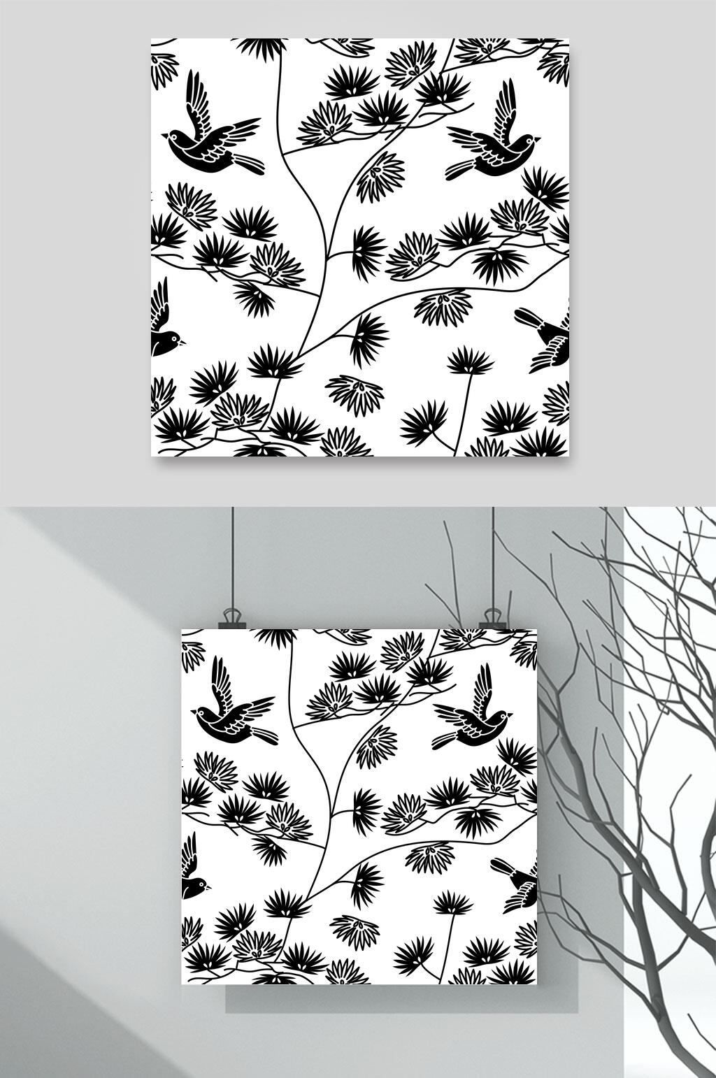 黑色绿色国风花鸟花纹底纹素材素材