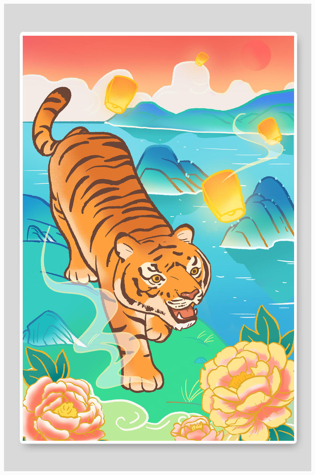 典雅手绘花朵孔明灯山水画虎年插画素材