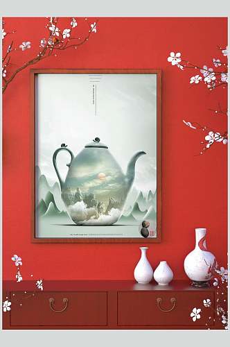 红色大气花瓶装饰画背景墙样机
