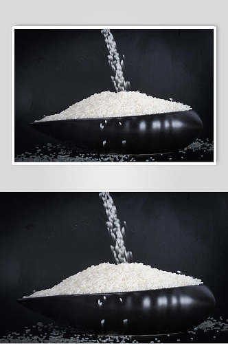 倾泻的米粒倒进黑碗里的大米图片