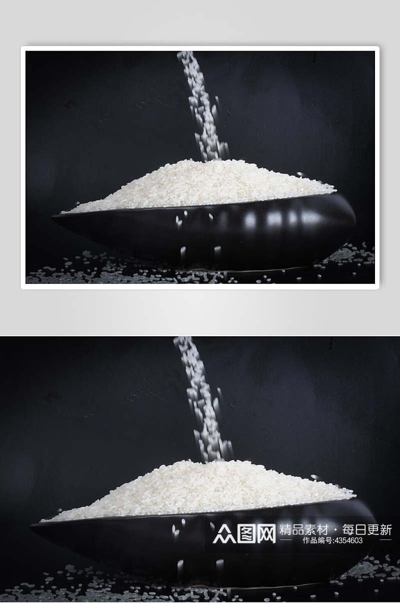 倾泻的米粒倒进黑碗里的大米图片素材