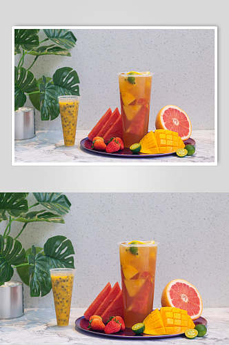 大杯芒果金桔水果混合超级水果茶