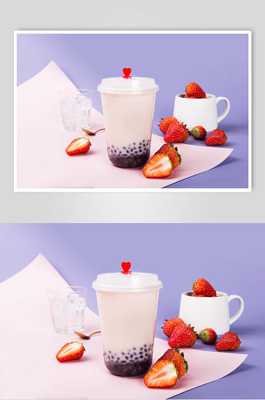 紫色大气草莓冰块奶茶图片
