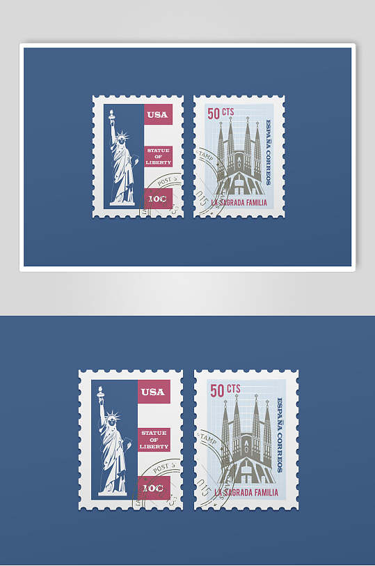 方形蓝色大气高端清新邮票设计样机-众图网