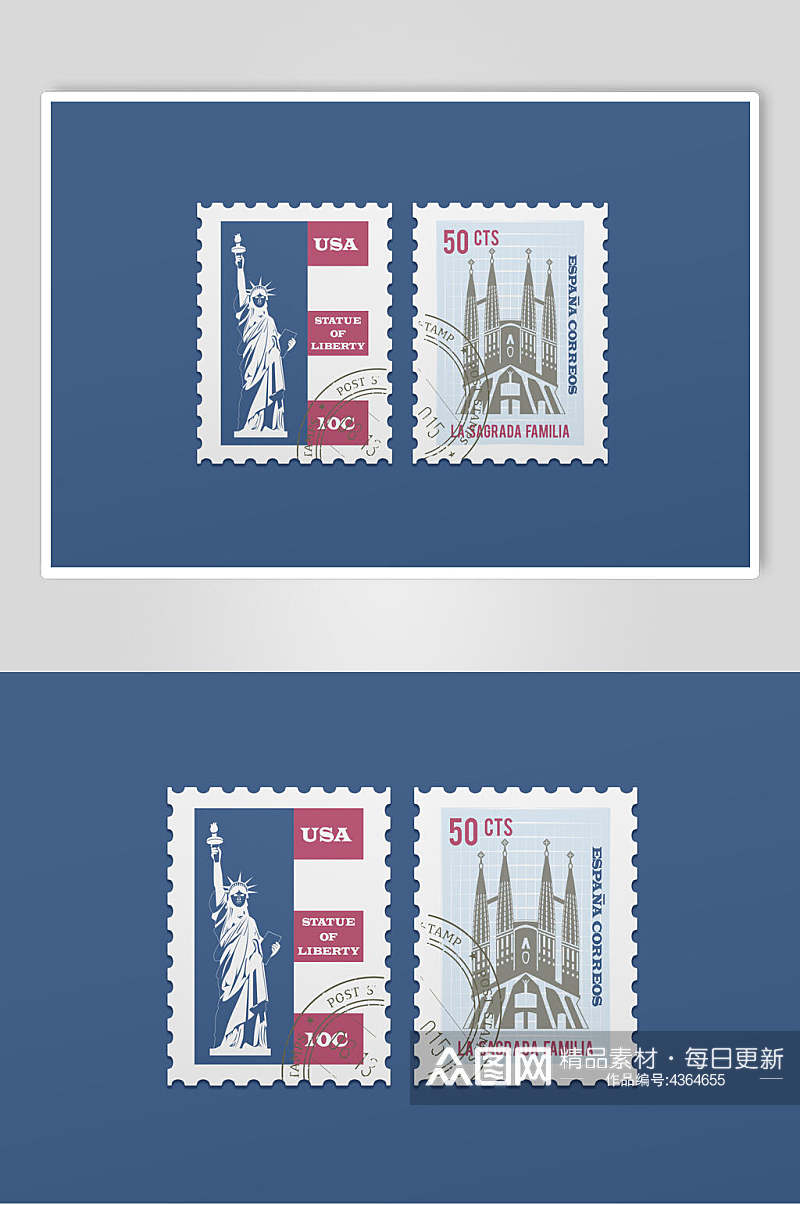 方形蓝色大气高端清新邮票设计样机素材