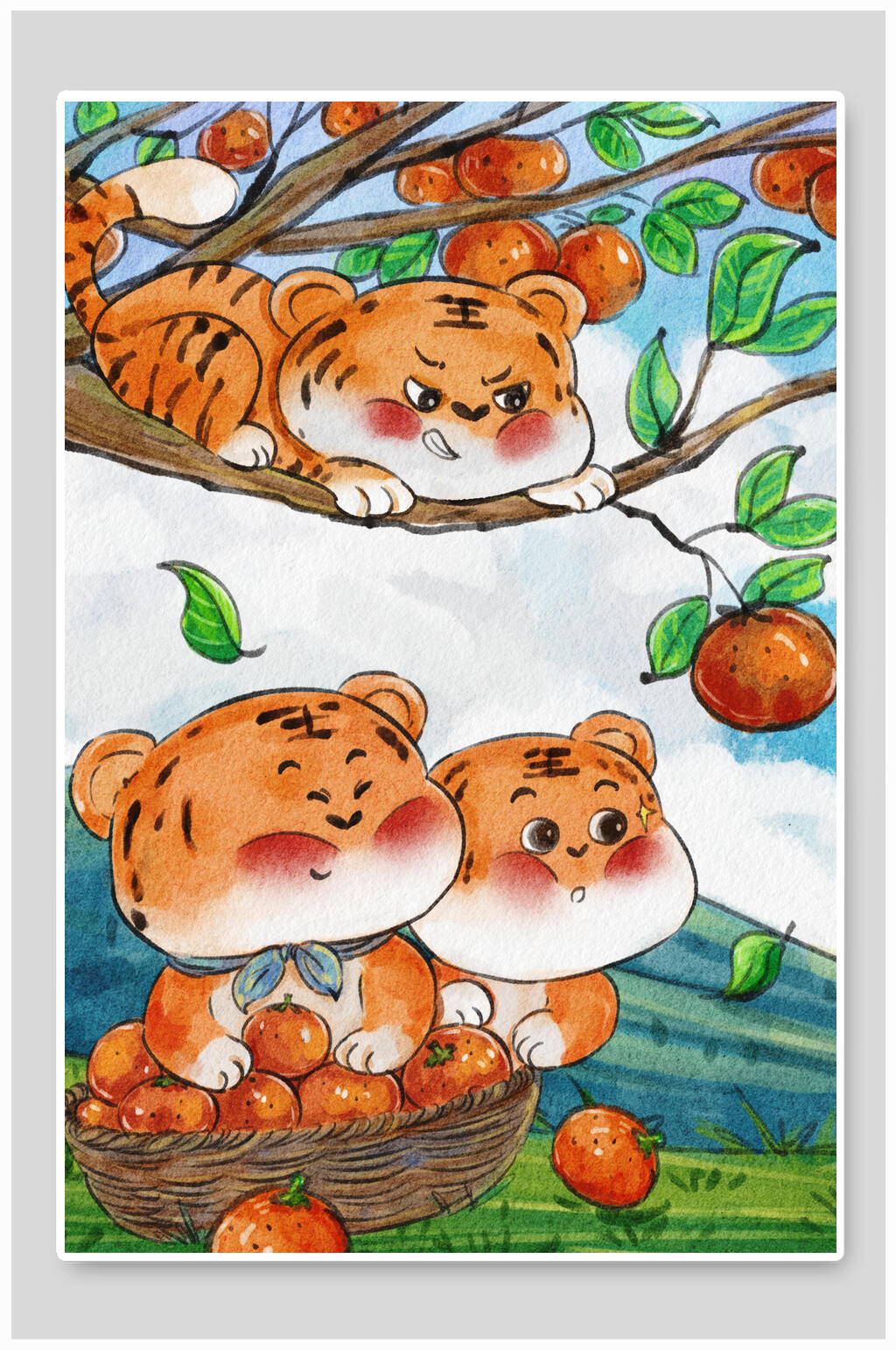 创意手绘苹果虎年插画素材