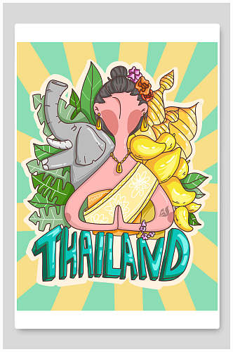 创意手绘英文潮漫卡通之泰国形象插画