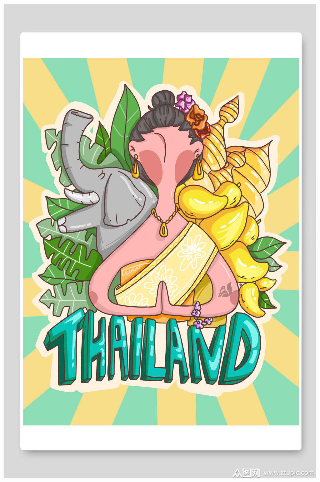 创意手绘英文潮漫卡通之泰国形象插画素材
