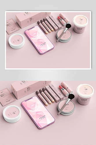 粉色手机化妆刷子美妆品牌VI包装样机