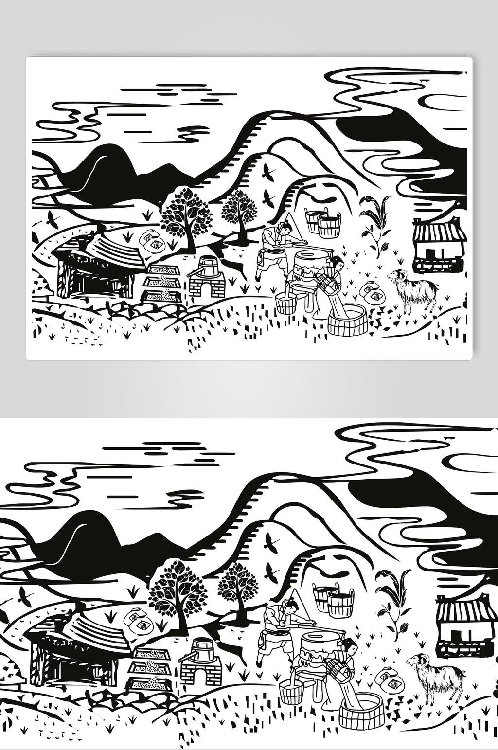 山村酿酒工艺流程矢量图素材
