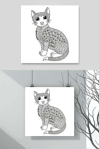 猫咪线稿手绘动植物插画矢量素材