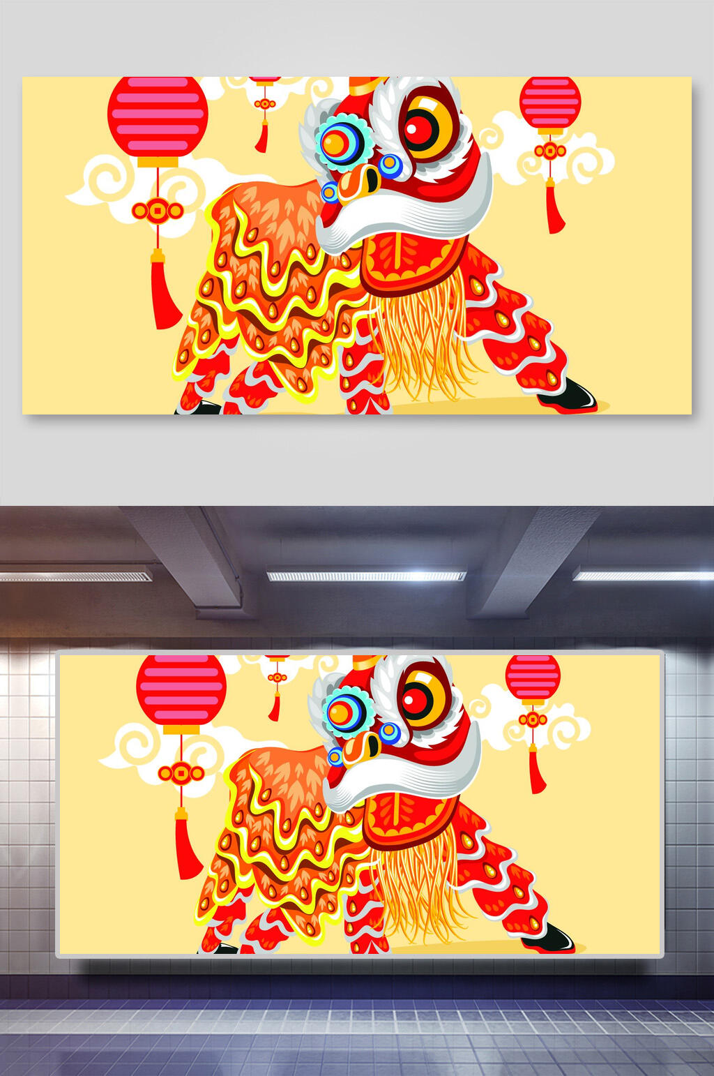 大气祥云灯笼舞狮矢量插画素材