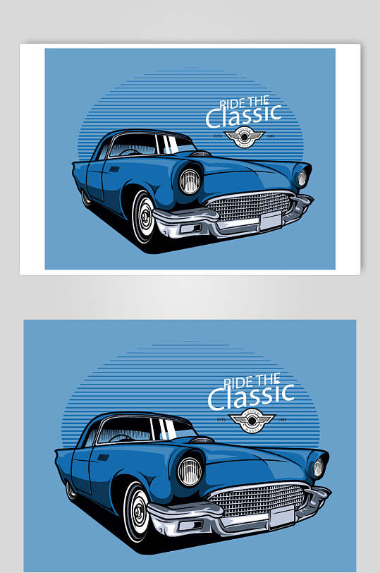 高端蓝色精致复古老式汽车矢量插画设计素材