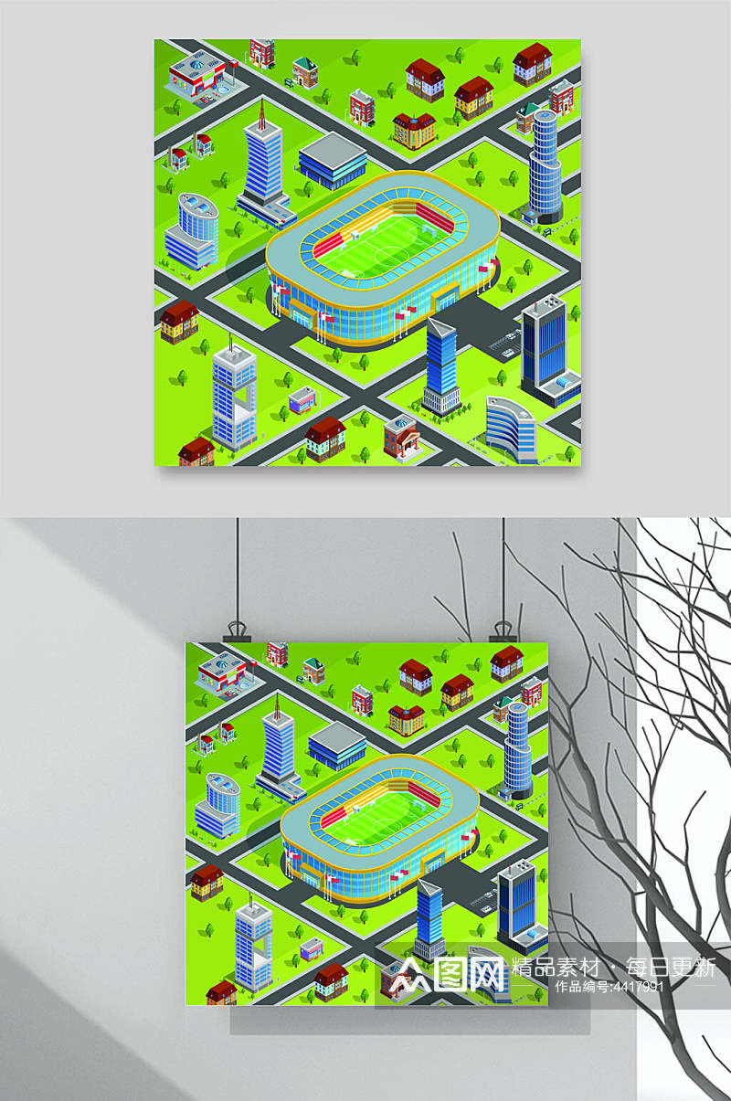 绿色立体体育场建筑等距插画矢量素材素材