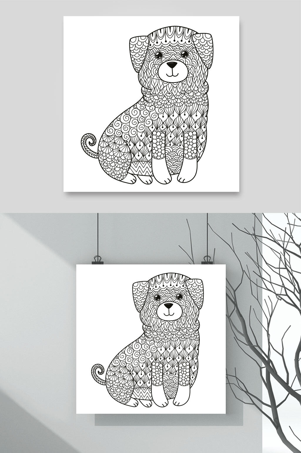狗狗线稿手绘动植物插画矢量素材素材
