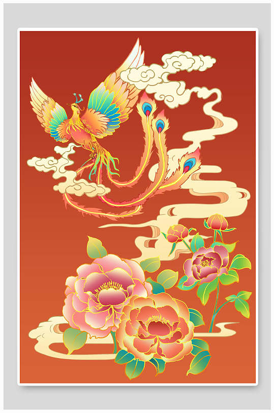 红色祥云花朵凤凰唯美潮流插画