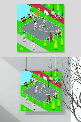 绿色卡通篮球场打球插画矢量素材