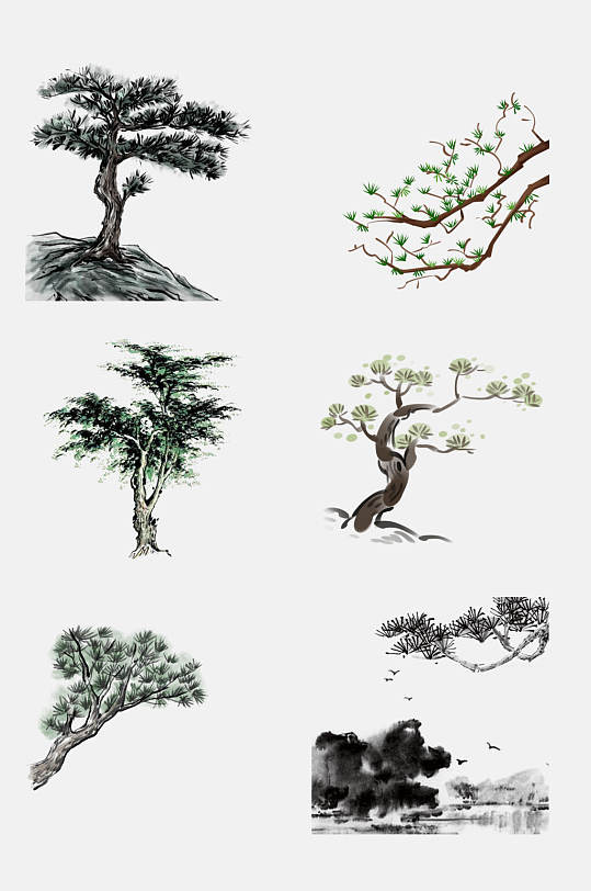 创意水墨树木松树松枝迎客松免抠素材