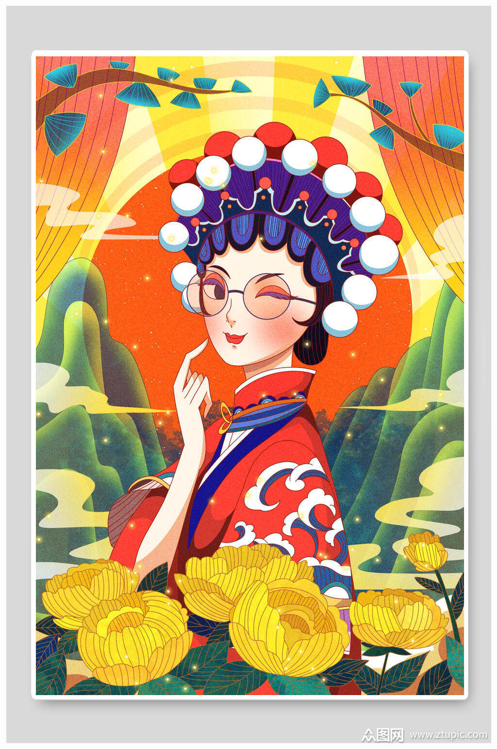 大气中国风花朵唯美潮流插画素材