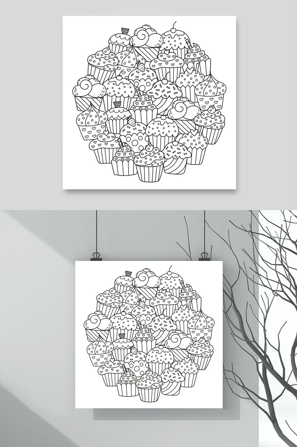 高端美味蛋糕线稿手绘动植物插画矢量素材素材