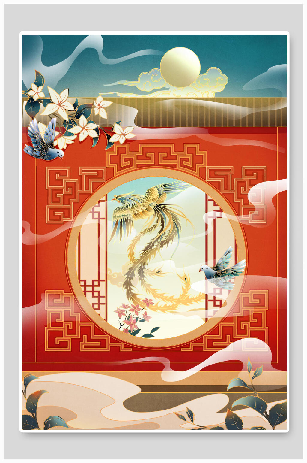 凤凰花朵大气高端清新唯美潮流插画素材