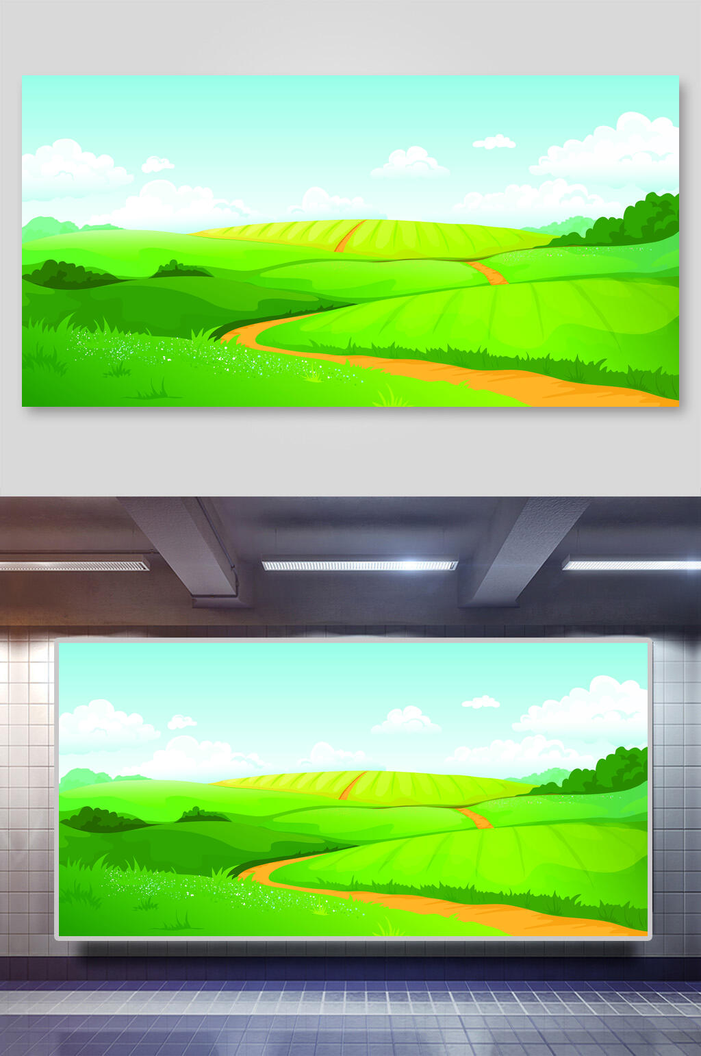 青色草地风景户外矢量插画素材