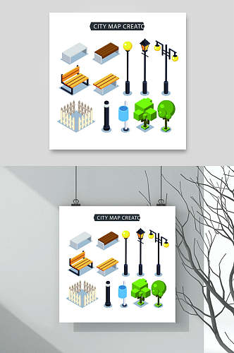 创意树木凳子交通设施等距插画矢量素材