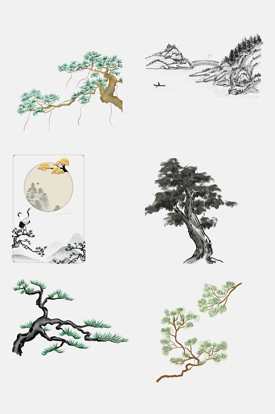 中式水墨松树松枝迎客松免抠设计素材